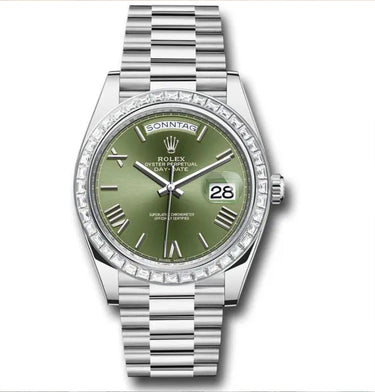 Rolex Day - Date 40 Baguette Diamond Bezel Olive Green Roman Dial President Bracelet 228396TBR German Day Wheel - WatchesOff5th